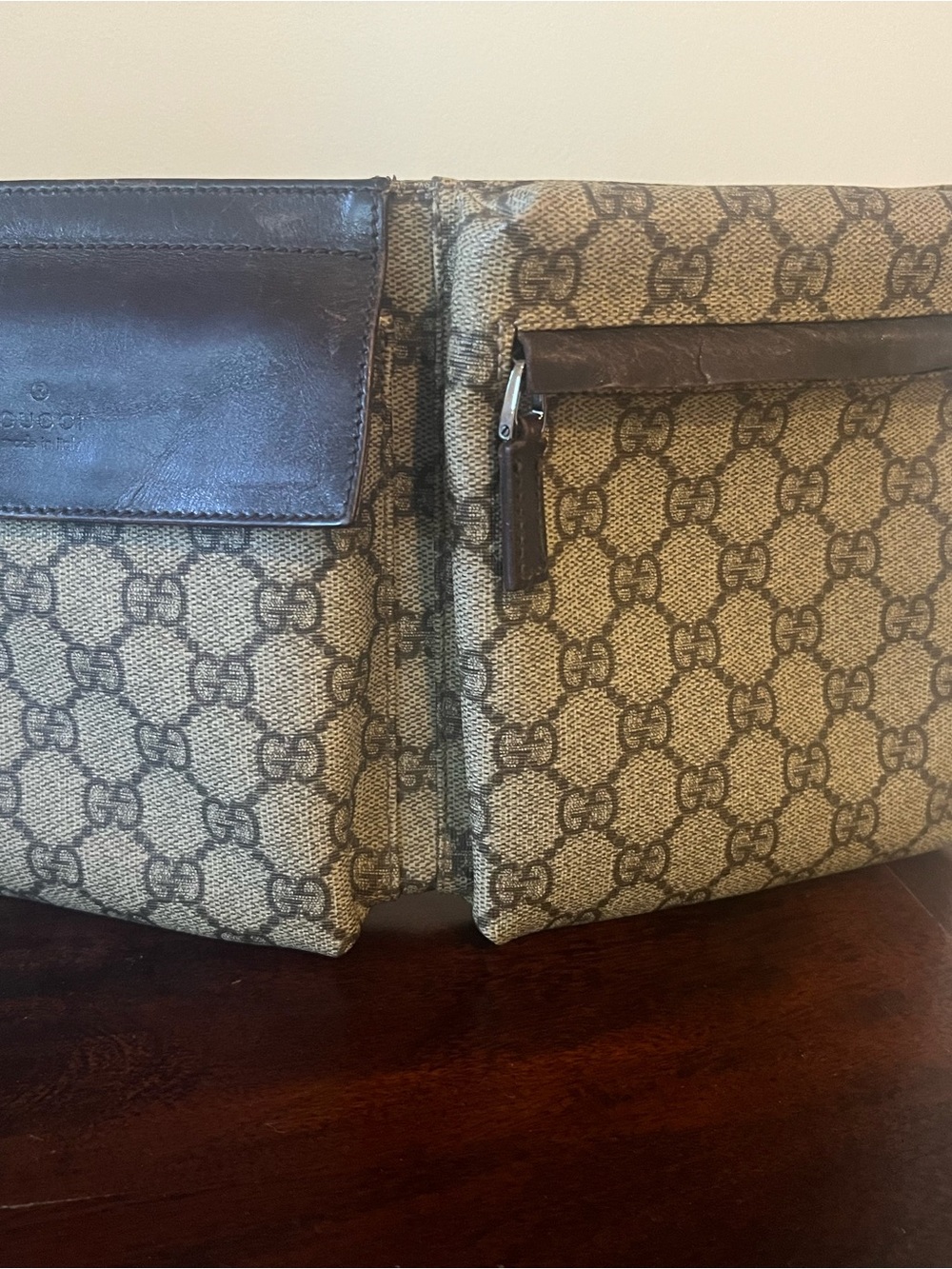 Gucci Beige GG Supreme Canvas Belt Bag with Brown Leather Trim
